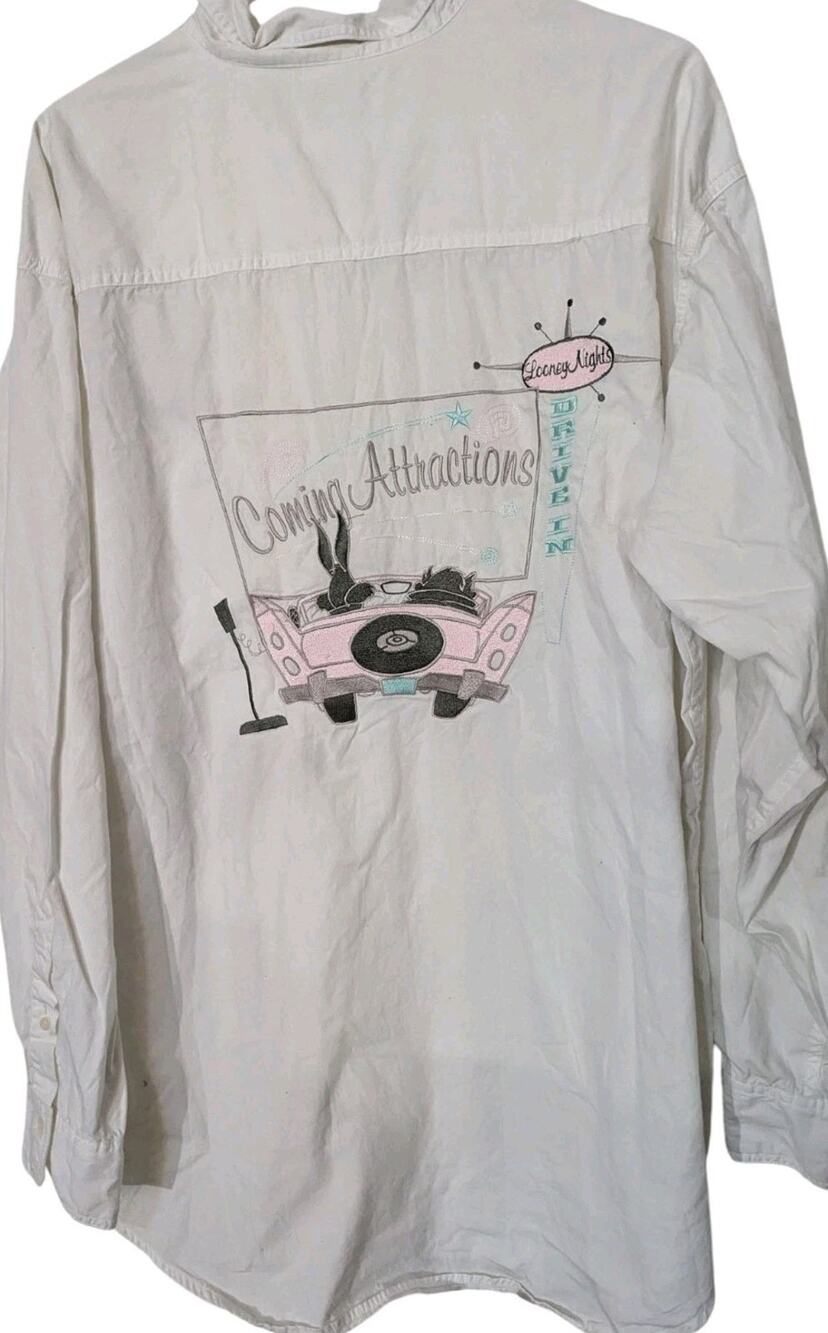 Vtg 90s Acme Looney Tunes Drive In Embroidered Shirt L Retro Button Up Pink Car